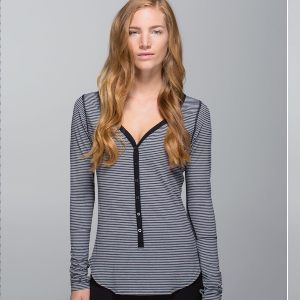 lululemon athletica Gray and Black Striped Henley Long Sleeve Top